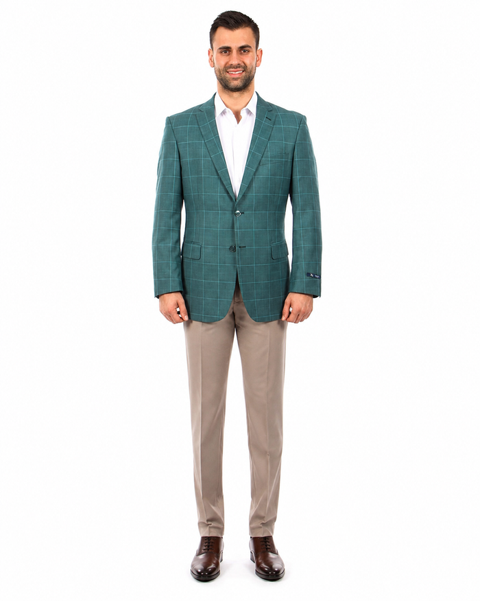 Saco vaquero - Western Sport Coat - Western Blazer - Men's Two Button Windowpane Plaid Green Sport Coat