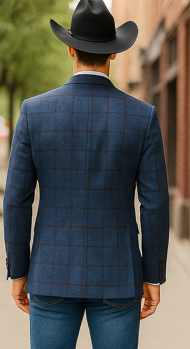 Saco vaquero - Western Sport Coat - Western Blazer  - Mens Slim Fit Half Canvas Patch Pocket Summer Cotton Blazer In Navy Blue Windowpane Plaid