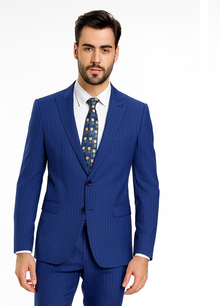M120-04 Sapphire Blue Bright Blue Indigo Teal Cobalt Pinstripe ~Stripe 2 Buttons Flat Front Pants