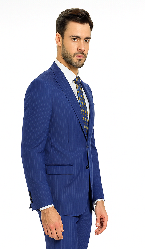 M120-04 Sapphire Blue Bright Blue Indigo Teal Cobalt Pinstripe ~Stripe 2 Buttons Flat Front Pants - Image 3