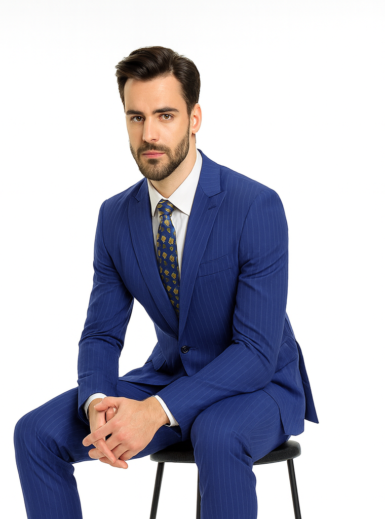 M120-04 Sapphire Blue Bright Blue Indigo Teal Cobalt Pinstripe ~Stripe 2 Buttons Flat Front Pants - Image 4