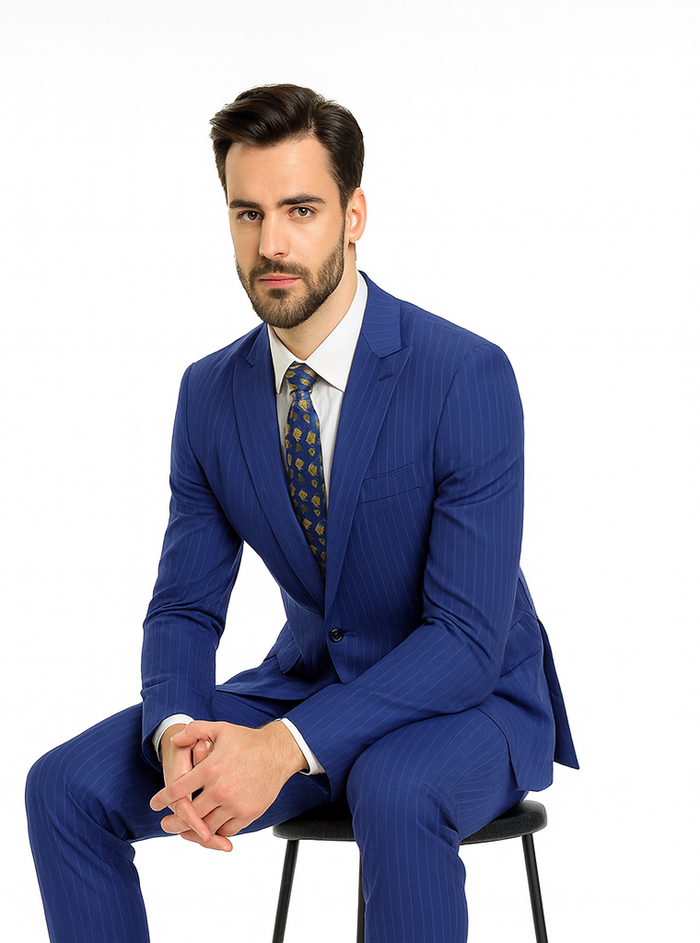 M120-04 Sapphire Blue Bright Blue Indigo Teal Cobalt Pinstripe ~Stripe 2 Buttons Flat Front Pants - Image 4