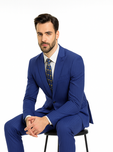 M120-04 Sapphire Blue Bright Blue Indigo Teal Cobalt Pinstripe ~Stripe 2 Buttons Flat Front Pants
