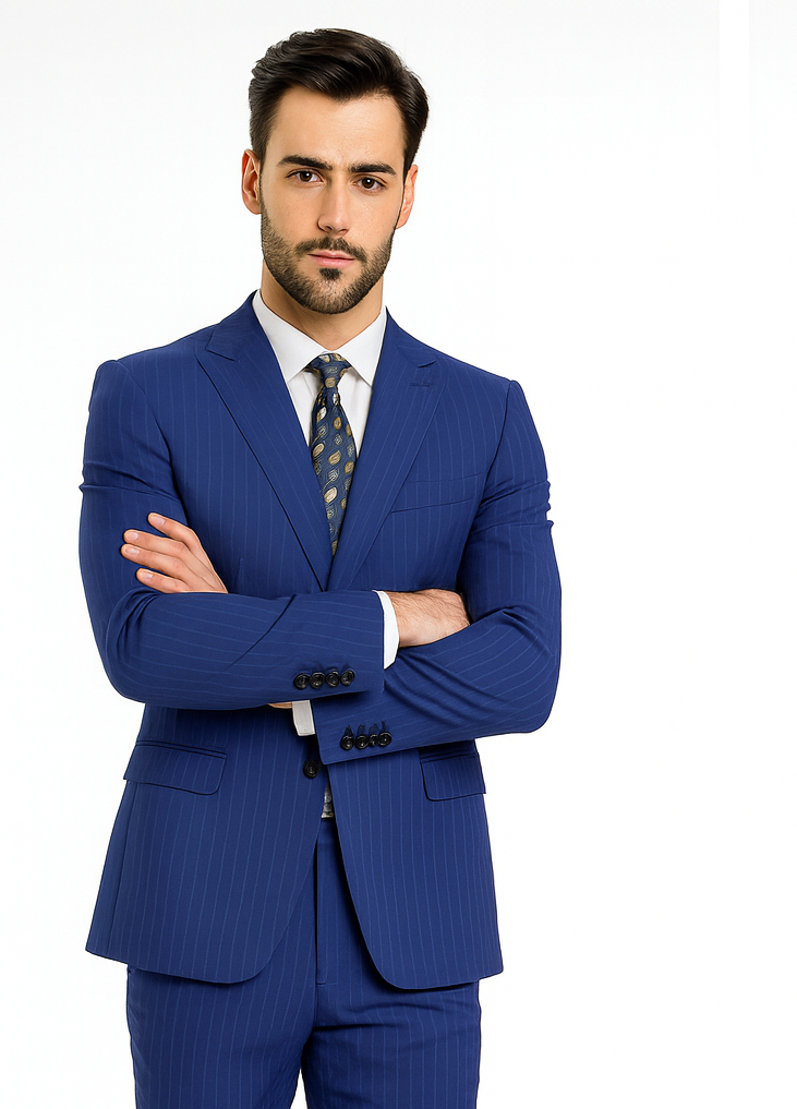 M120-04 Sapphire Blue Bright Blue Indigo Teal Cobalt Pinstripe ~Stripe 2 Buttons Flat Front Pants - Image 5