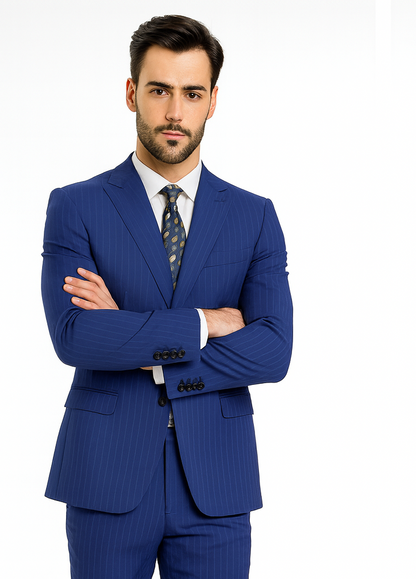 M120-04 Sapphire Blue Bright Blue Indigo Teal Cobalt Pinstripe ~Stripe 2 Buttons Flat Front Pants - Image 5