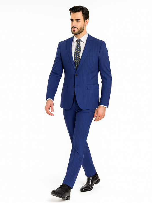 M120-04 Sapphire Blue Bright Blue Indigo Teal Cobalt Pinstripe ~Stripe 2 Buttons Flat Front Pants