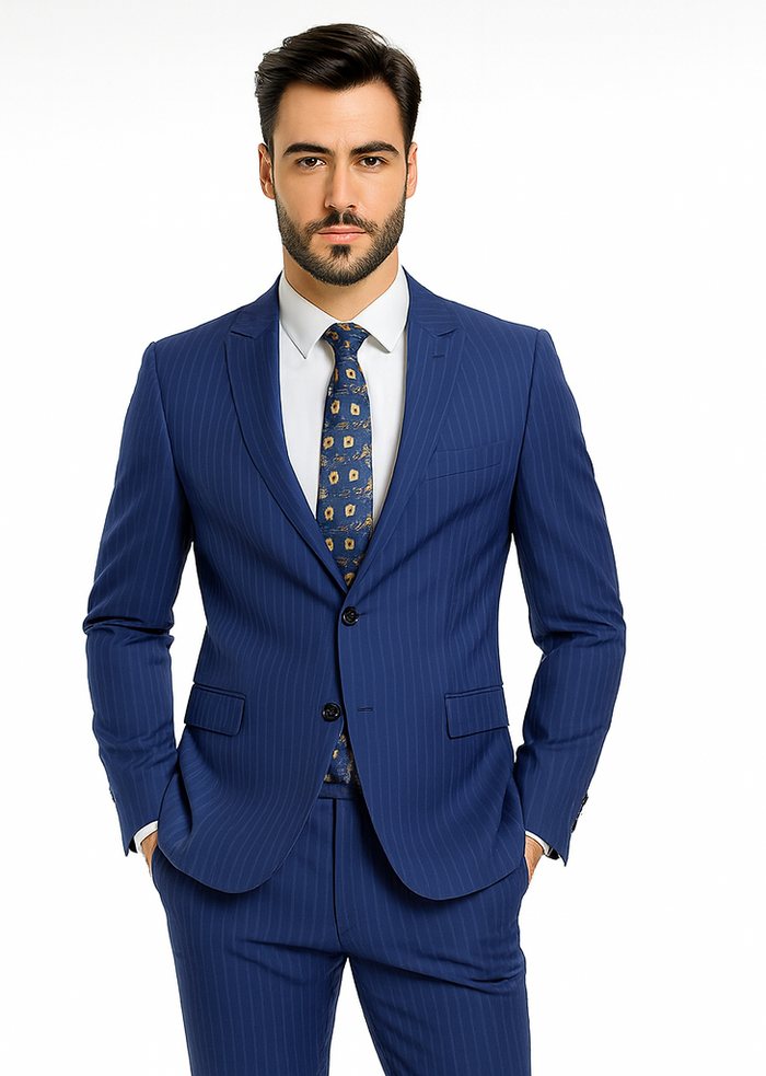 M120-04 Sapphire Blue Bright Blue Indigo Teal Cobalt Pinstripe ~Stripe 2 Buttons Flat Front Pants - Image 7