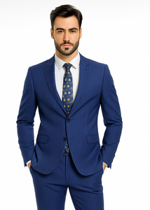 M120-04 Sapphire Blue Bright Blue Indigo Teal Cobalt Pinstripe ~Stripe 2 Buttons Flat Front Pants