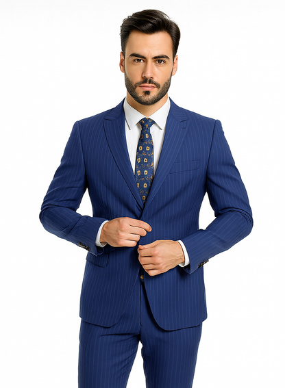 M120-04 Sapphire Blue Bright Blue Indigo Teal Cobalt Pinstripe ~Stripe 2 Buttons Flat Front Pants - Image 8
