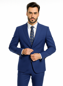 M120-04 Sapphire Blue Bright Blue Indigo Teal Cobalt Pinstripe ~Stripe 2 Buttons Flat Front Pants