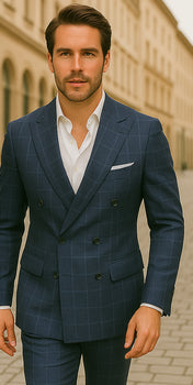 Wool Suit - Italian Made Business Suit by Statement Men's 100% Wool 2 Piece Suit - Double Breasted Plaid