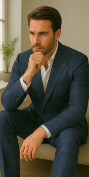 Wool Suit - Italian Made Business Suit by Statement Men's 100% Wool 2 Piece Suit - Double Breasted Plaid