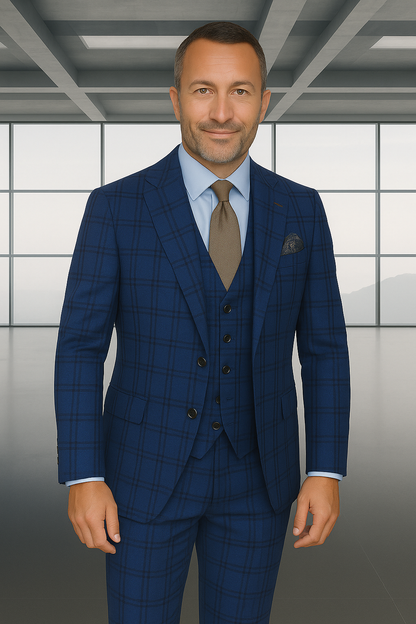 Wool Suit - Italian Made Business Suit by Statement Men's 3 Piece 100% Wool Modern Fit Suit - Solid Scoop Vest