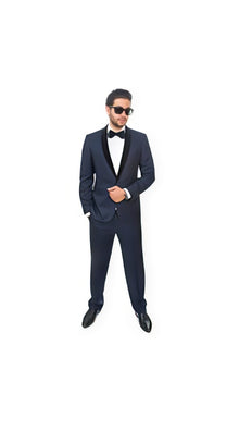 Men'S Slim Fit 1 Button Shawl Velvet Lapel Suit Or Dark Navy Blue