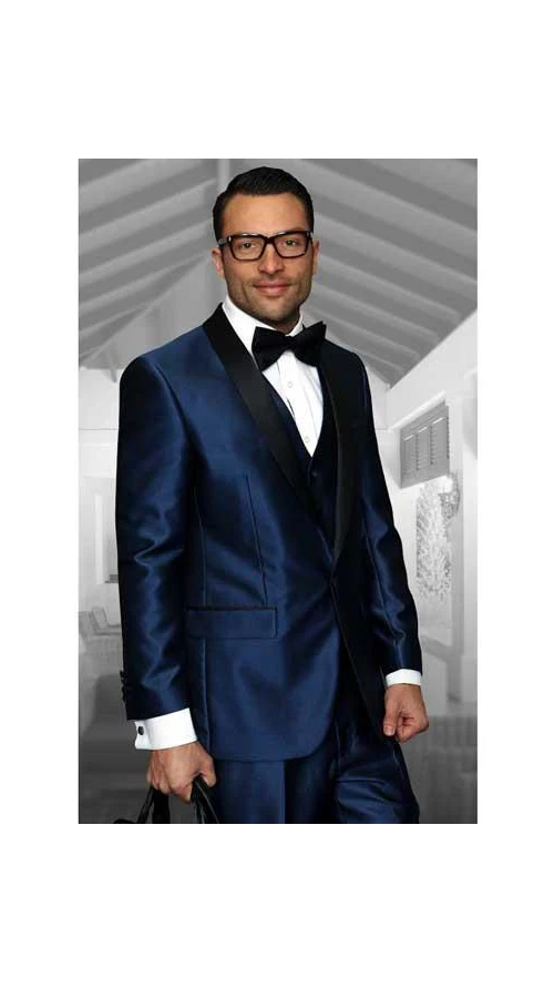 Mens Indigo ~ Bright Blue Shawl Lapel 1 Button Modern Fit Vested Tuxedo