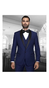 Teal Blue Indigo ~ Bright Blue Cobalt Blue (Dark Royal) Single Button Vested Black Lapel Two Toned Blue Tuxedo Shawl Collar