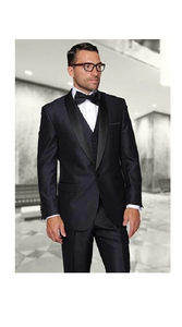 Shiny Indigo ~ Bright Blue One Button Shawl (Black)Collar Three Piece Fashionable Tuxedo For Men