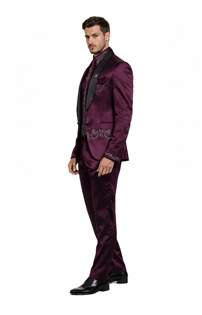 Sateen Fabric Suit - Shiny Tuxedo - Prom Suit - Groom Tuxedos - Burgundy