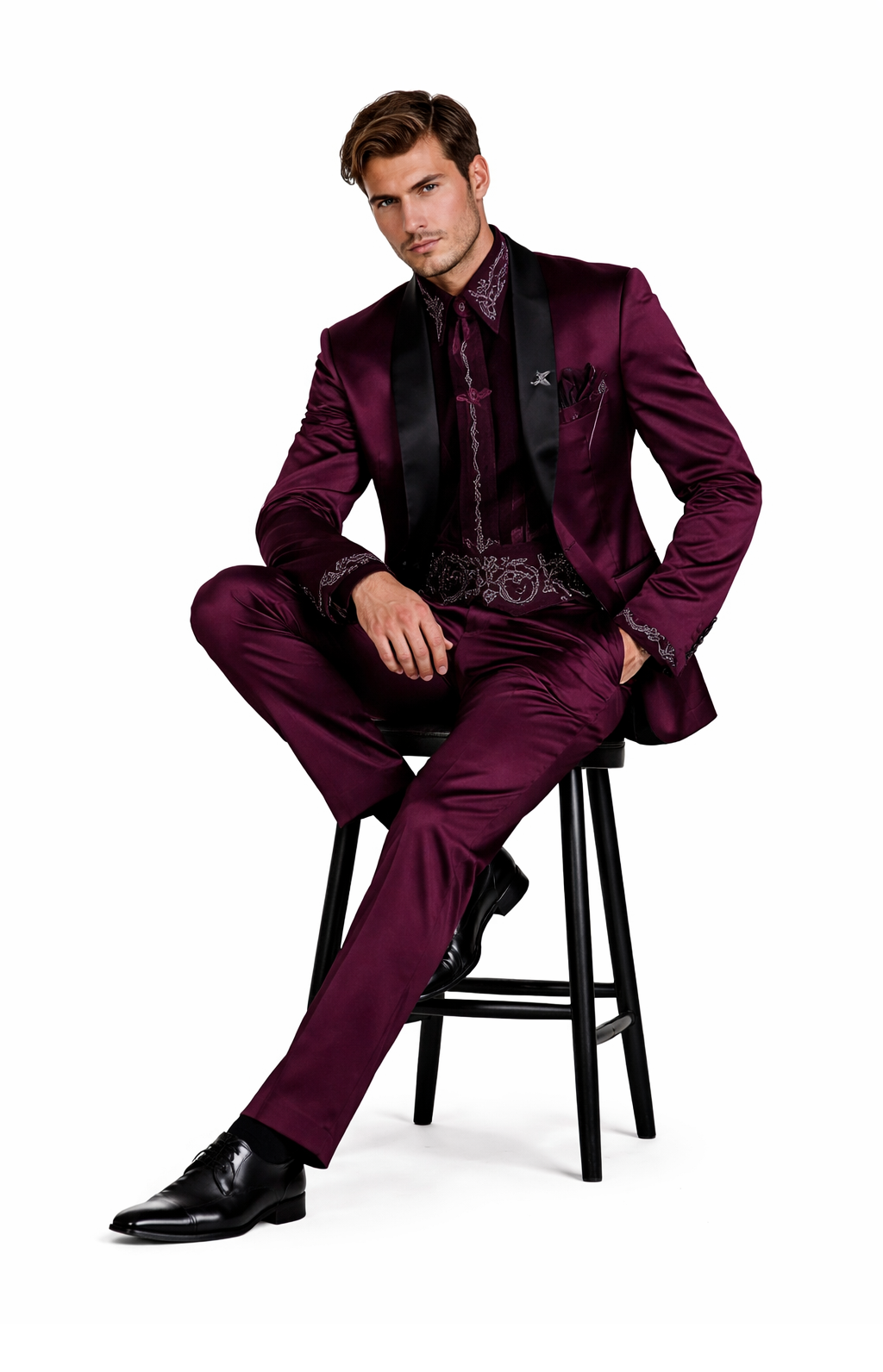 Sateen Fabric Suit - Shiny Tuxedo - Prom Suit - Groom Tuxedos - Burgundy