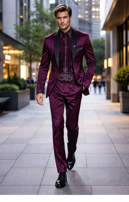 Sateen Fabric Suit - Shiny Tuxedo - Prom Suit - Groom Tuxedos - Burgundy