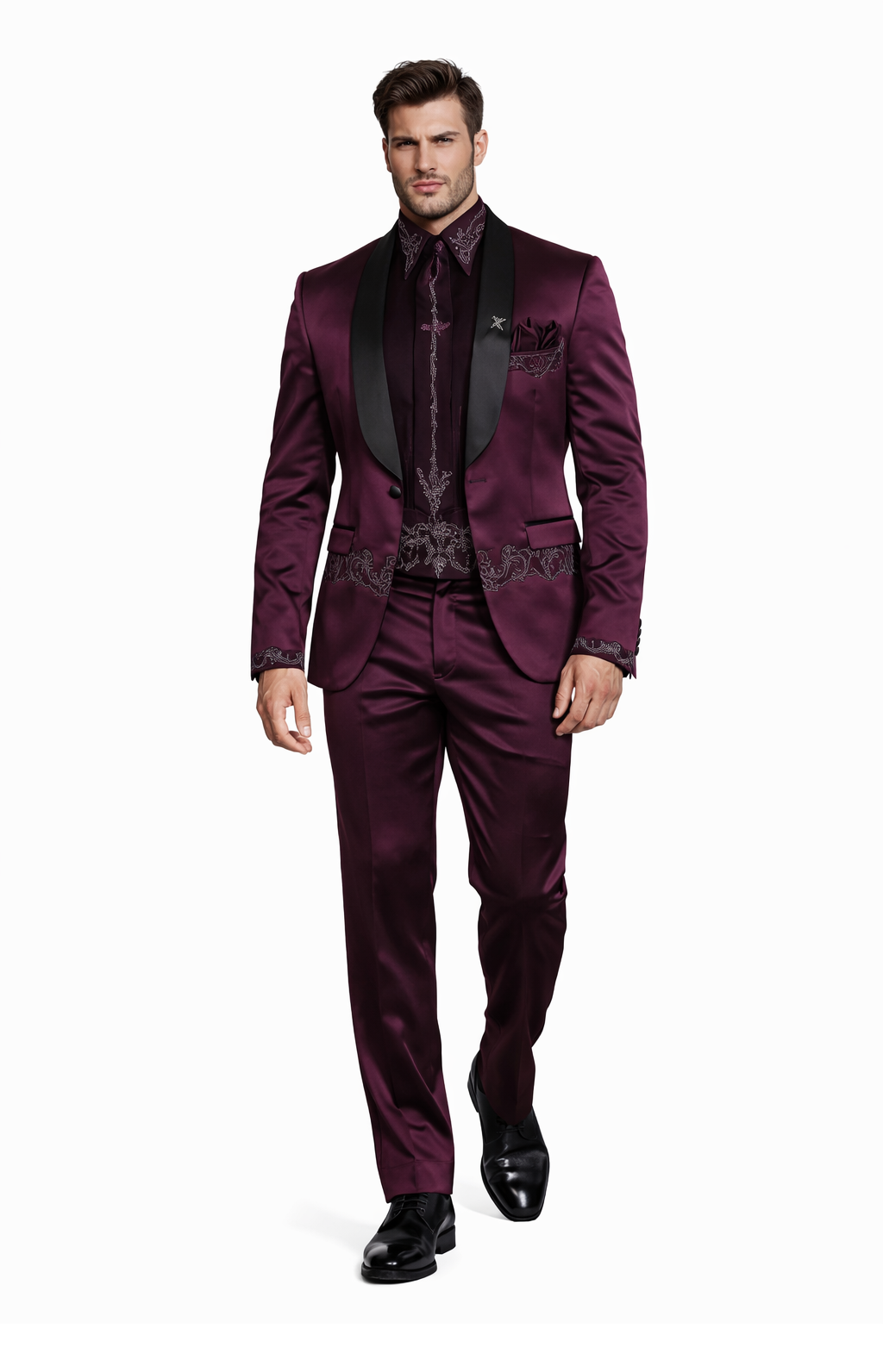 Sateen Fabric Suit - Shiny Tuxedo - Prom Suit - Groom Tuxedos - Burgundy