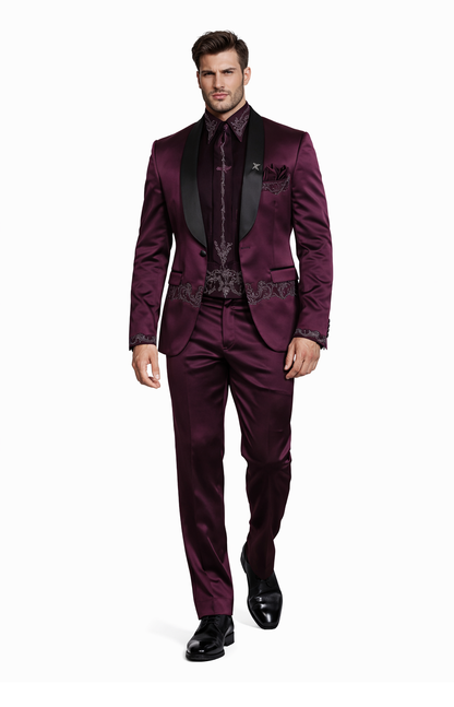 Sateen Fabric Suit - Shiny Tuxedo - Prom Suit - Groom Tuxedos - Burgundy