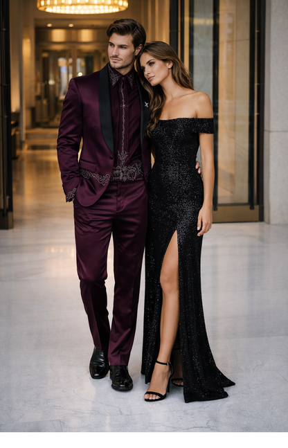 Sateen Fabric Suit - Shiny Tuxedo - Prom Suit - Groom Tuxedos - Burgundy