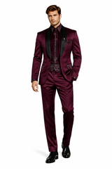 Sateen Fabric Suit - Shiny Tuxedo - Prom Suit - Groom Tuxedos - Burgundy