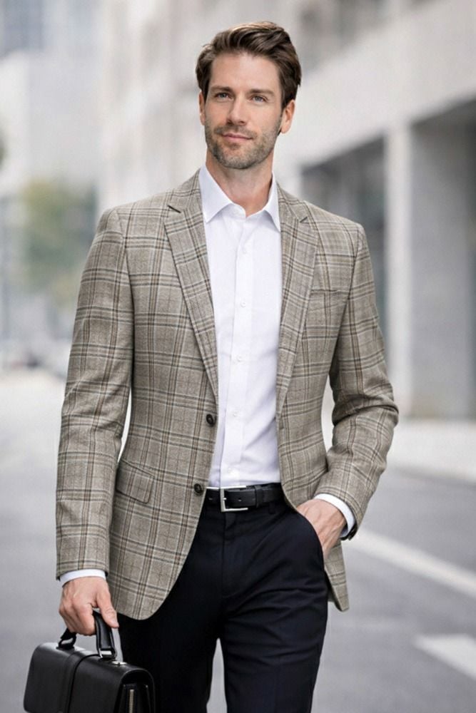 Taupe Plaid Blazer Mens Sport Coat