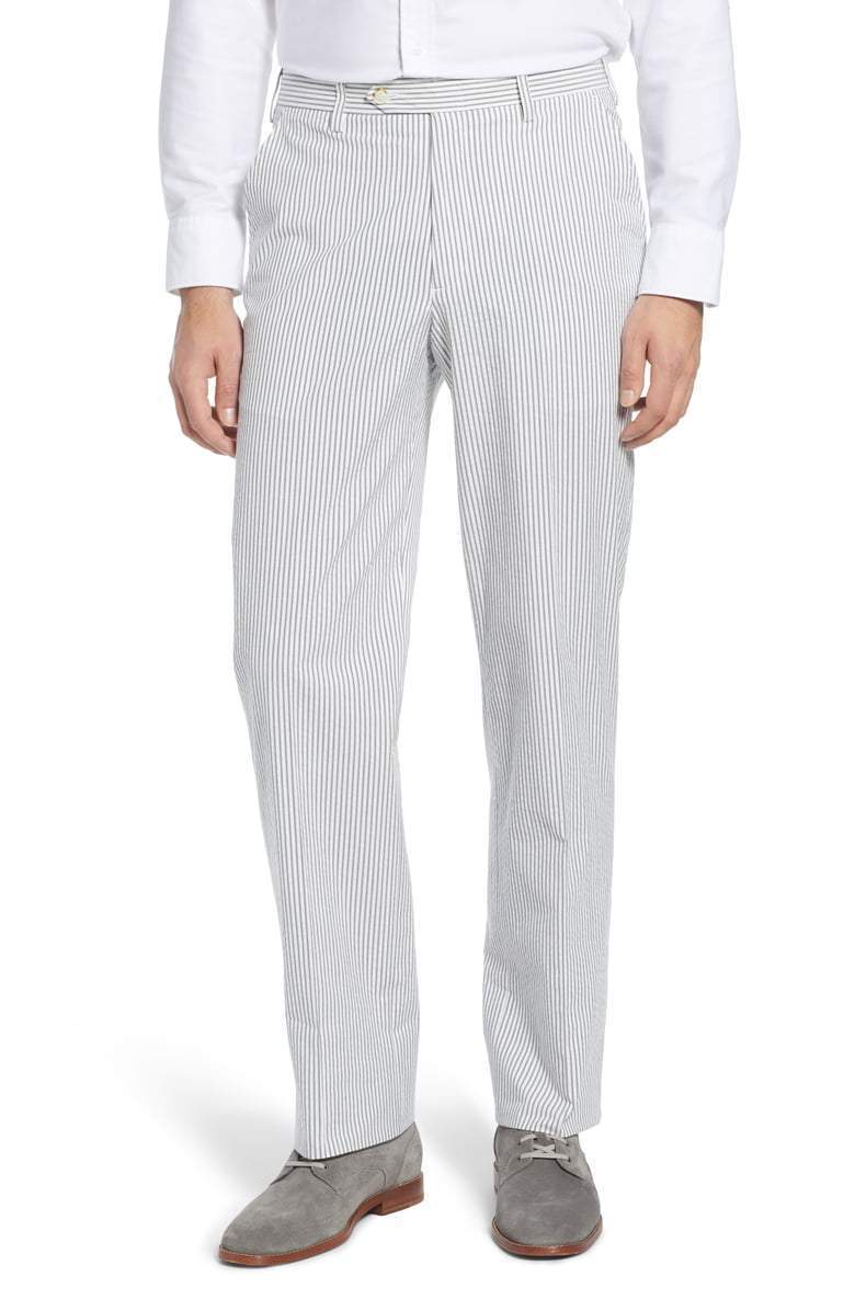 Seersucker Cotton Pant in Grey and White (Hampton Plain Front) by Berle