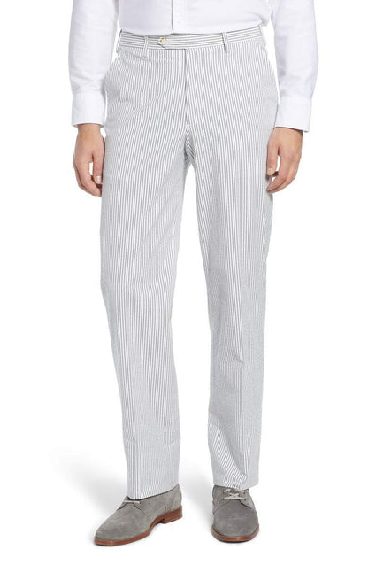 Seersucker Cotton Pant in Grey and White (Hampton Plain Front) by Berle