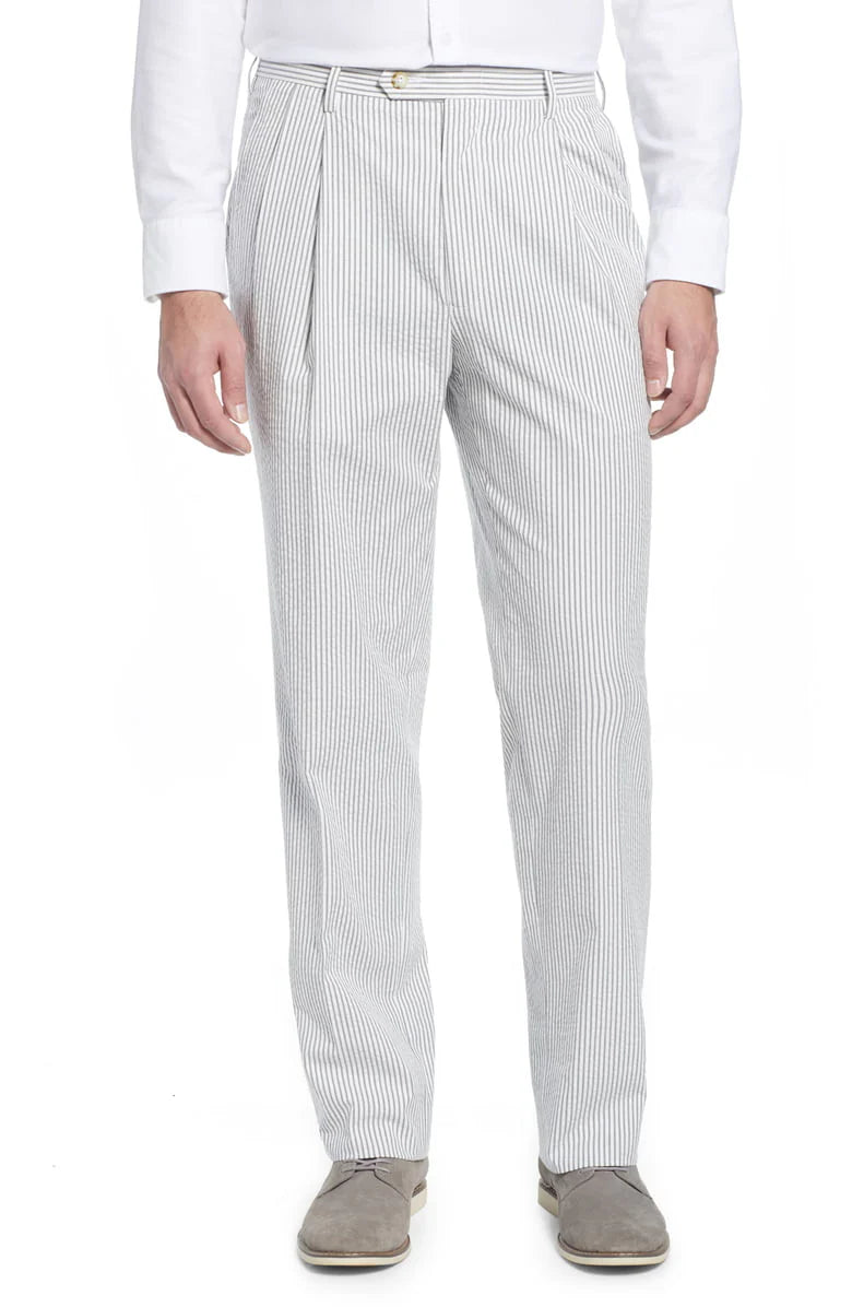 Seersucker Cotton Pant in Grey and White (Windsor Double Reverse Pleat) by Berle