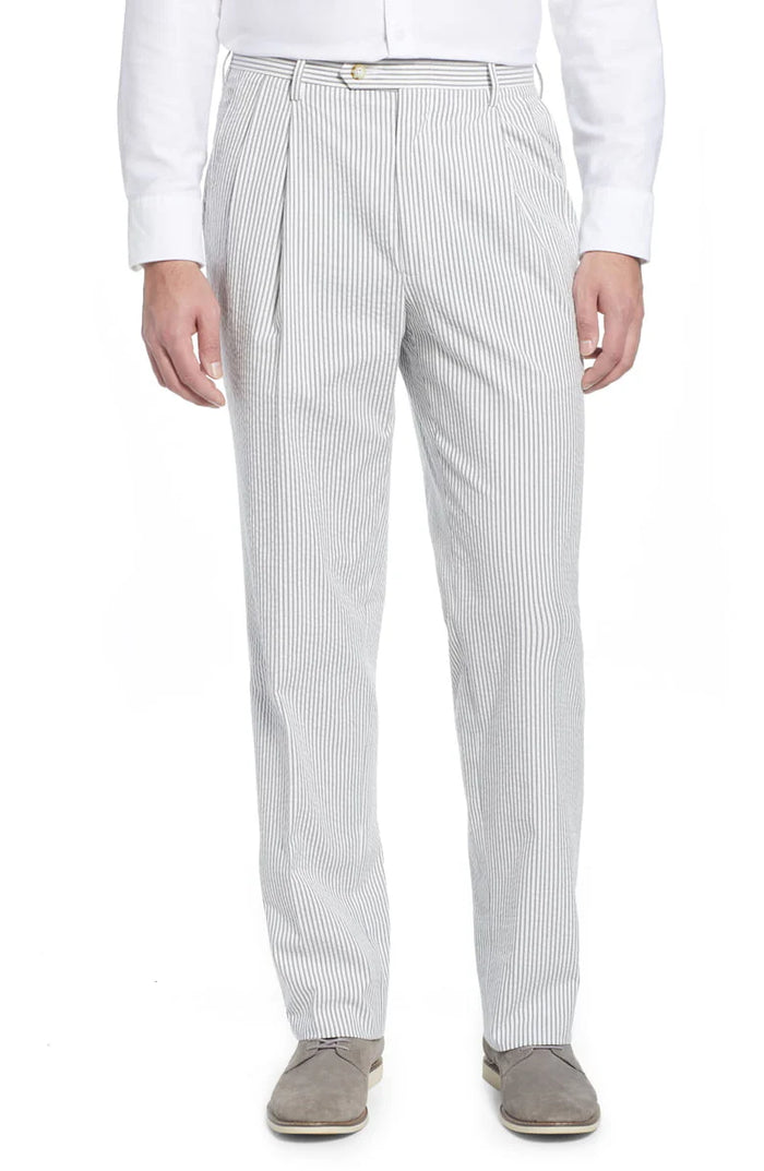 Seersucker Cotton Pant in Grey and White (Windsor Double Reverse Pleat) by Berle
