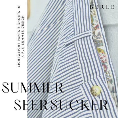 Seersucker Cotton Pant in Navy and White (Hampton Plain Front) by Berle