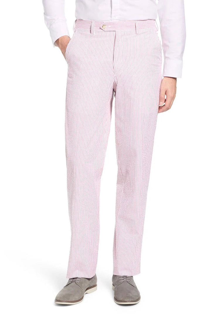 Seersucker Cotton Pant in Pink and White (Hampton Plain Front) by Berle