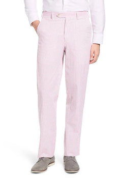 Seersucker Cotton Pant in Pink and White (Hampton Plain Front) by Berle