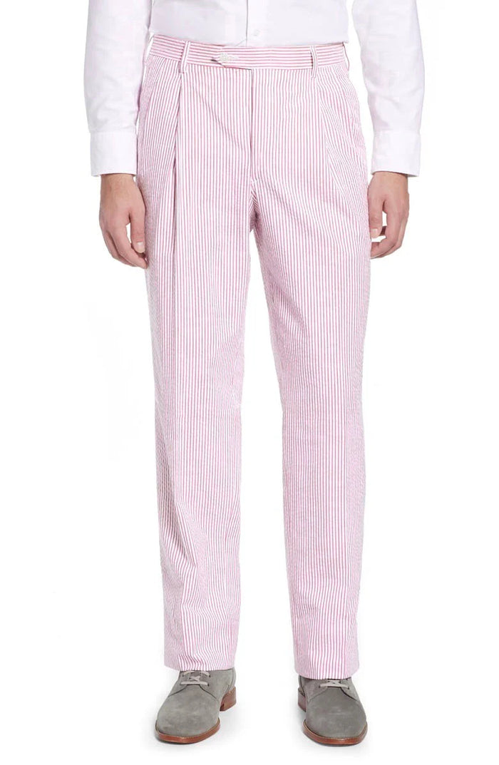 Seersucker Cotton Pant in Pink and White (Windsor Double Reverse Pleat) by Berle
