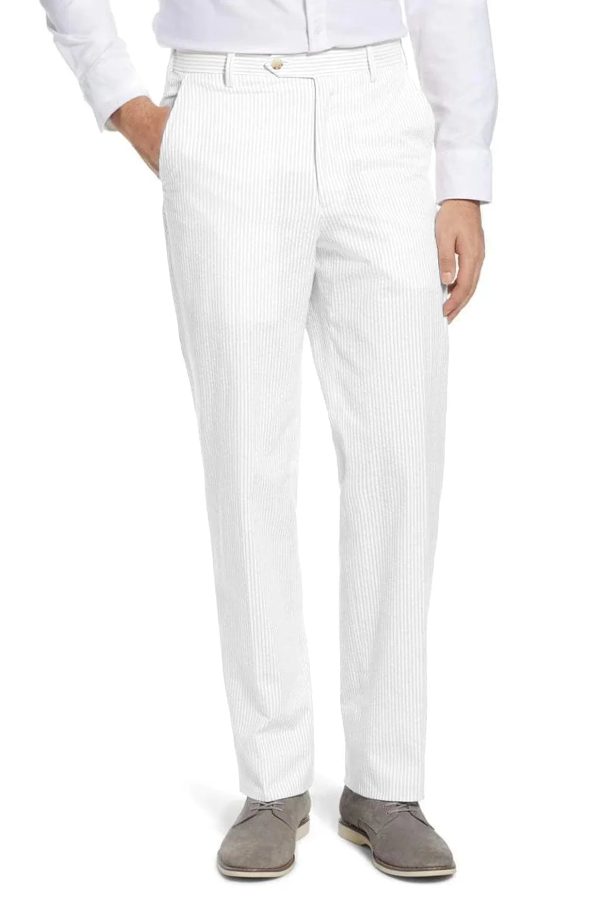 Seersucker Cotton Pant in White (Hampton Plain Front) by Berle