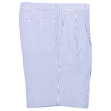 Seersucker Pleated Cotton Short in Light Blue and White (Ascot Double Reverse Pleat) by Berle