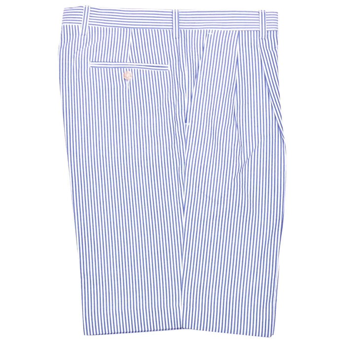 Seersucker Pleated Cotton Short in Light Blue and White (Ascot Double Reverse Pleat) by Berle