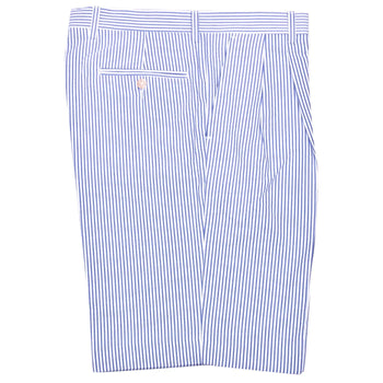 Seersucker Pleated Cotton Short in Light Blue and White (Ascot Double Reverse Pleat) by Berle
