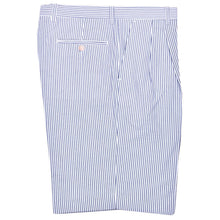 Seersucker Pleated Cotton Short in Navy and White (Ascot Double Reverse Pleat) by Berle