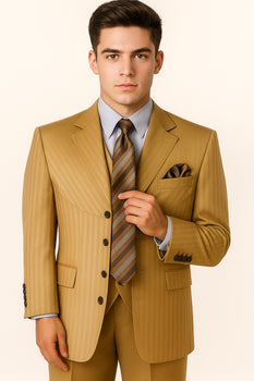 Mens 4 Buttons Semi Wide Leg Shiny Tonal Stripe Fashion Suits in Gold - Image 4