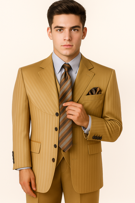 Mens 4 Buttons Semi Wide Leg Shiny Tonal Stripe Fashion Suits in Gold