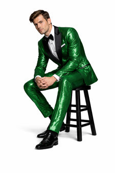 Sequin Suit - Shiny Suit - Emerald Green Suit - Metallic Fabric - Stage Tuxedo - Groom Suit Jacket + Pants