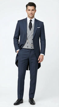 Men’s Navy Blue Three Piece Formal Suit – Cutaway Tuxedo Blazer Trousers for Wedding Tailcoat