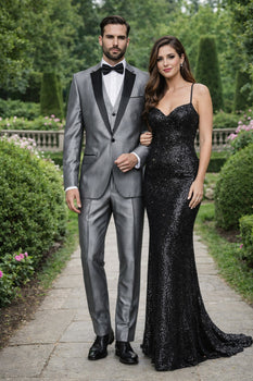 Mens Sharkskin Suits Mens Unique Bright Tuxedo Suits Vested 3 Pieces black lapel Shiny Flashy Sharskin Silver - Three Piece Suit