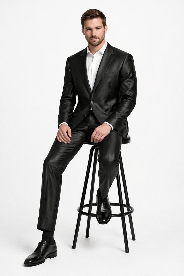 Men'S Shiny Black 2-Button Men'S Sharkskin Suit