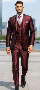 Shiny Burgundy Vested Suit - 3 Pieces Maroon Flashy Suit