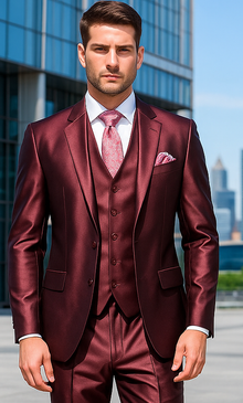 Shiny Burgundy Vested Suit - 3 Pieces Maroon Flashy Suit